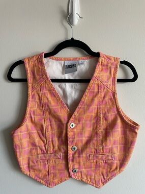 Ragged Priest Polly Denim Waistcoast cropped denim vest orange retro square S